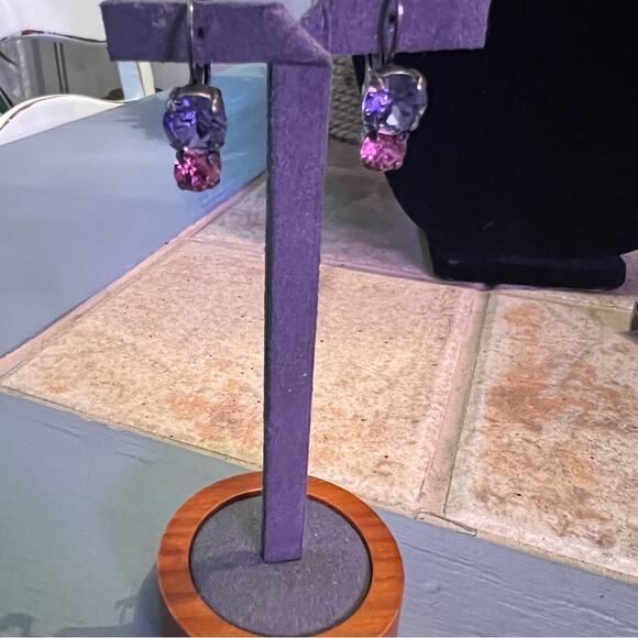 Silver Tone Purple & Pink Crystal Bling Earrings - Picture 5 of 7